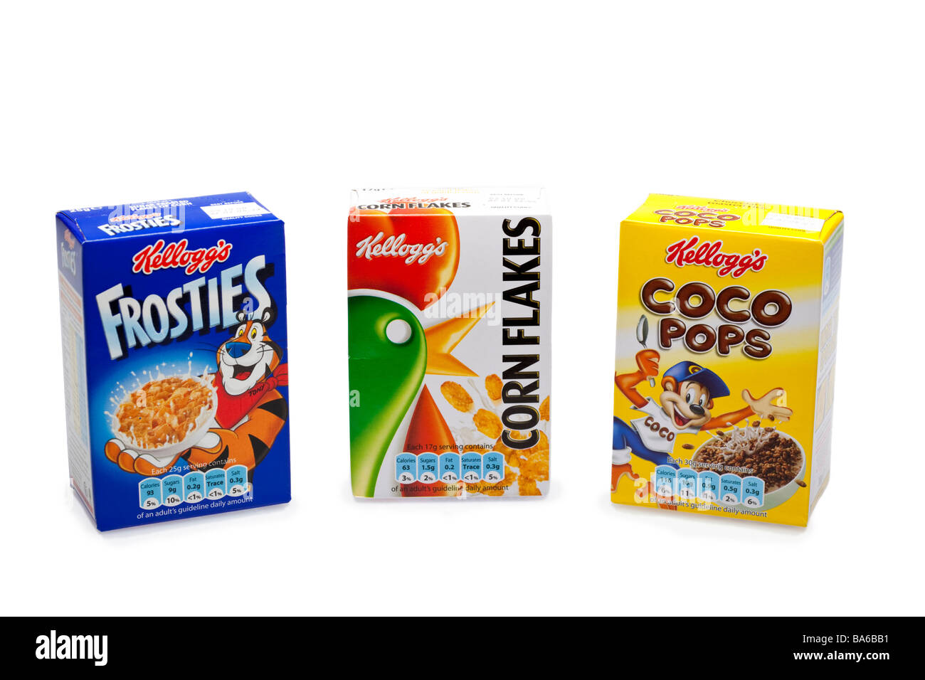 Les boîtes de céréales de petit-déjeuner Kellogs sur blanc UK a été B84A92 Banque D'Images