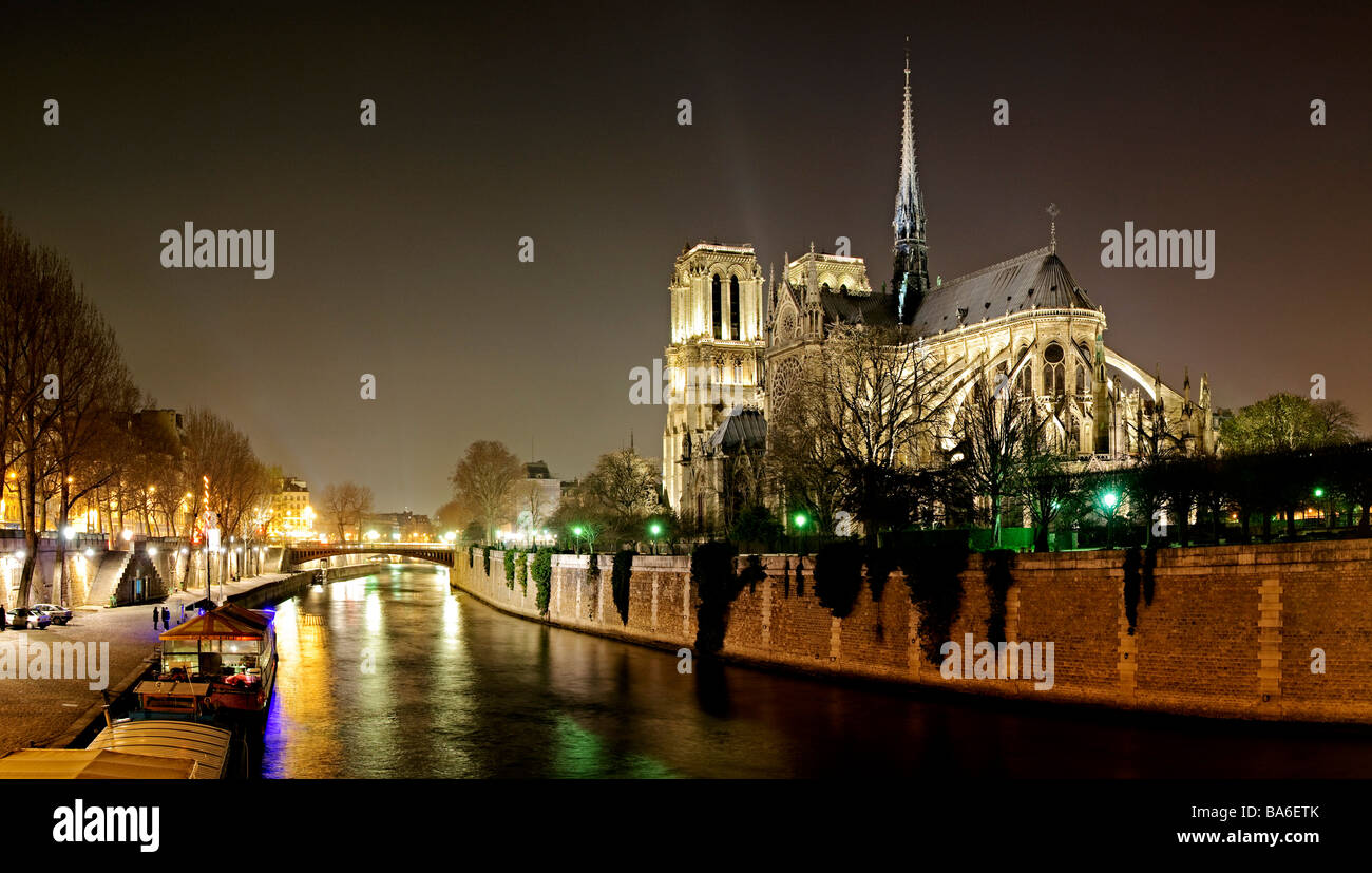 Notre Dame de Paris la nuit c'est l'avis de l'arrière avec la Seine au premier plan. Panorama haute résolution. Banque D'Images