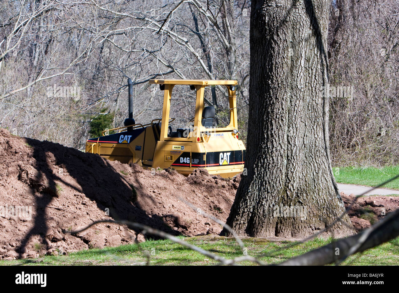 Un tracteur d'ARBRES ET UN TAS DE saleté. Banque D'Images