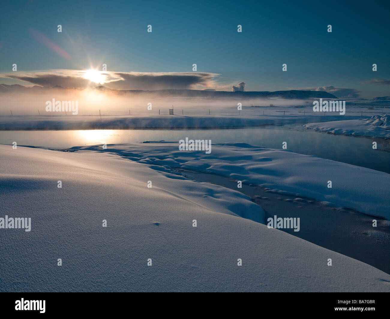 Coucher du soleil d'hiver, Hellishedi, Islande Banque D'Images