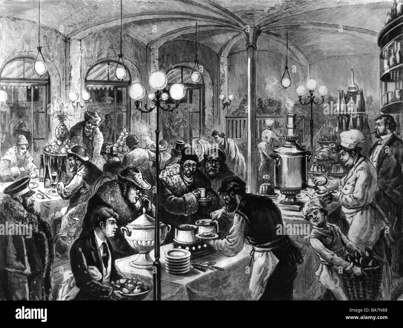 Transport / transport, chemin de fer, gare, à la frontière russo-allemande, restaurant, gravure en bois après dessin de H. Fritzmann, vers 1890, Banque D'Images