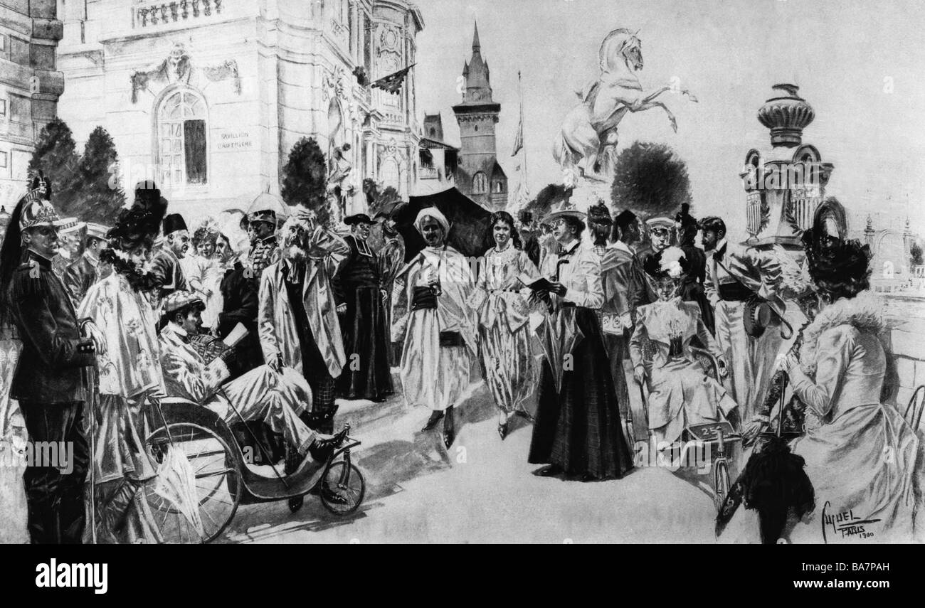 Expositions, exposition universelle, exposition universelle, Paris, 15.4.1900 - 12.11.1900, visiteurs devant les Palais Des Grandes Puissances, après aquarelle de Cucuel, 1900, exposition, France, peuple, XIXe siècle, historique, Europe, 1900, Banque D'Images