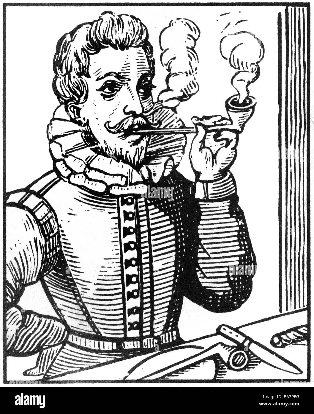 Raleigh, Walter, vers 1554 - 29. 10.1618, navigateur anglais, pipe à fumer, coupe de bois, XVIIe siècle, Banque D'Images