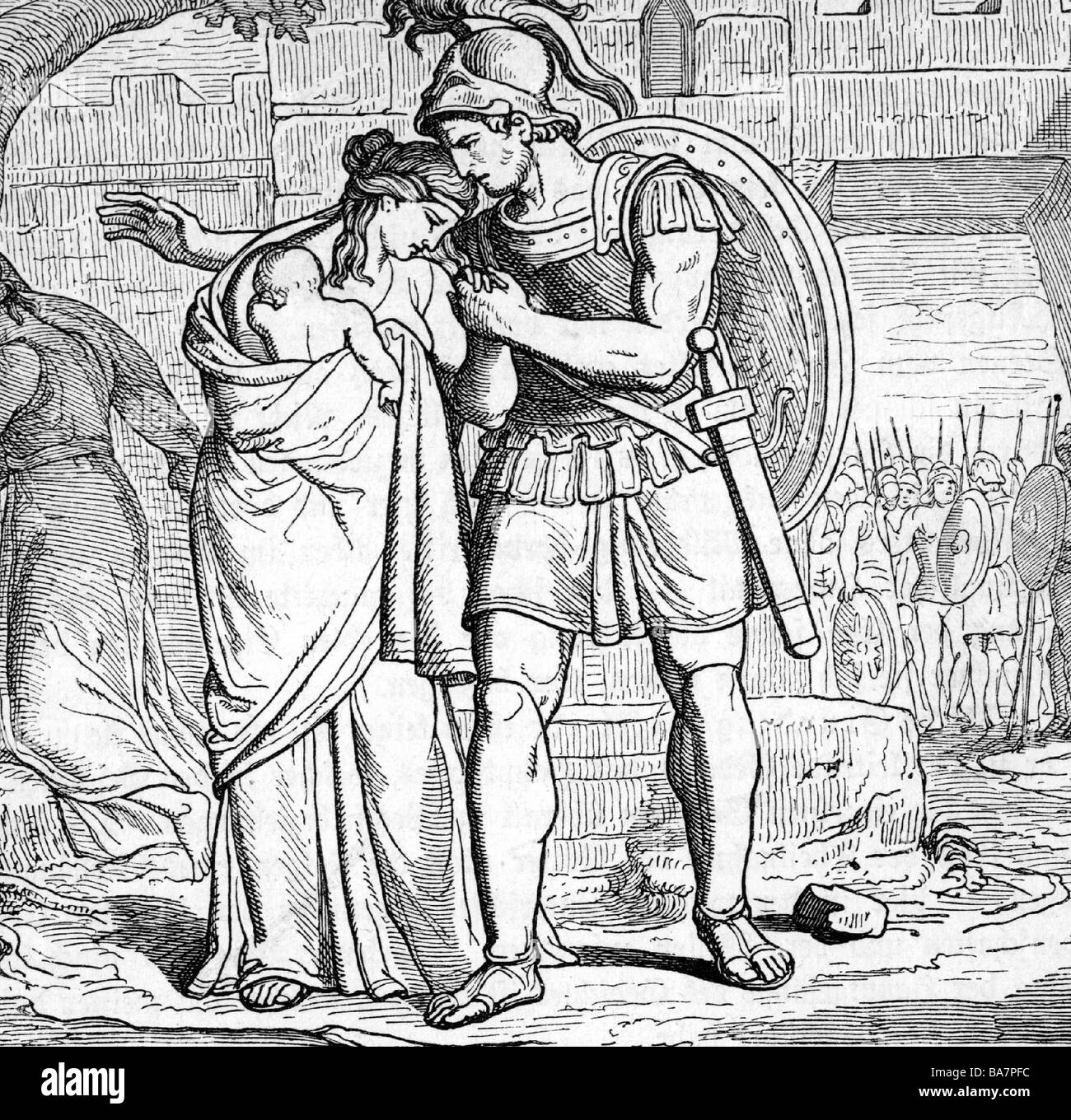 Hector, légende grecque, 'Hector quitte Andromache', gravure de bois, guerre de cheval de Troie, Banque D'Images