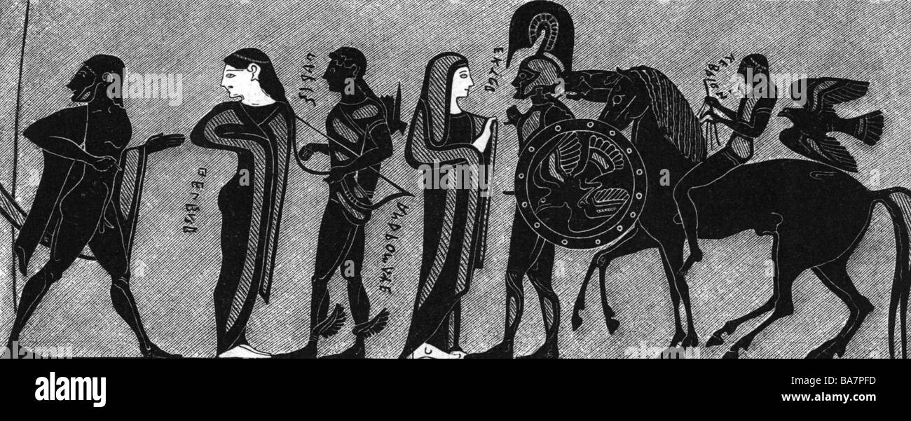 Hector, légende grecque, 'Hector quitte Andromache', illustration sur vase grec, Banque D'Images