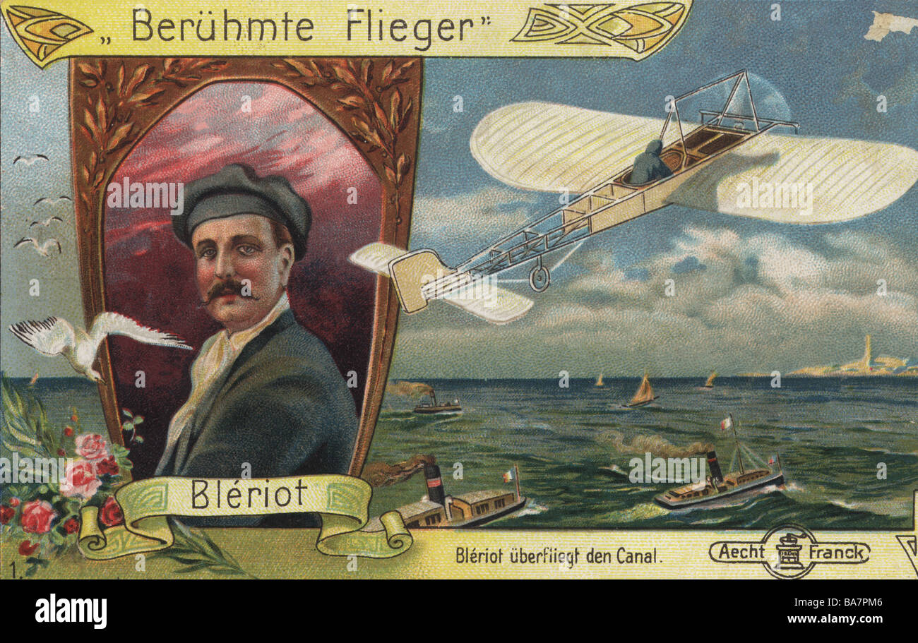 Bleriot, Louis, 1.7.1872 - 1.8.1936, pionnier pilote français, portrait, carte de collection « Vol sur la Manche britannique », imprimé coloré, 1909, Banque D'Images