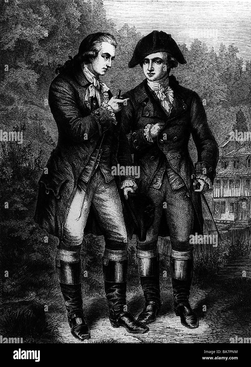 Goethe, Johann Wolfgang, 28.8.1749 - 22.3.1832, auteur/écrivain allemand, avec Duke Herzog Karl Août de Saxe-Weimar-Eisenach, 1775, gravure en bois d'Adolf Neumann, 1875, , Banque D'Images