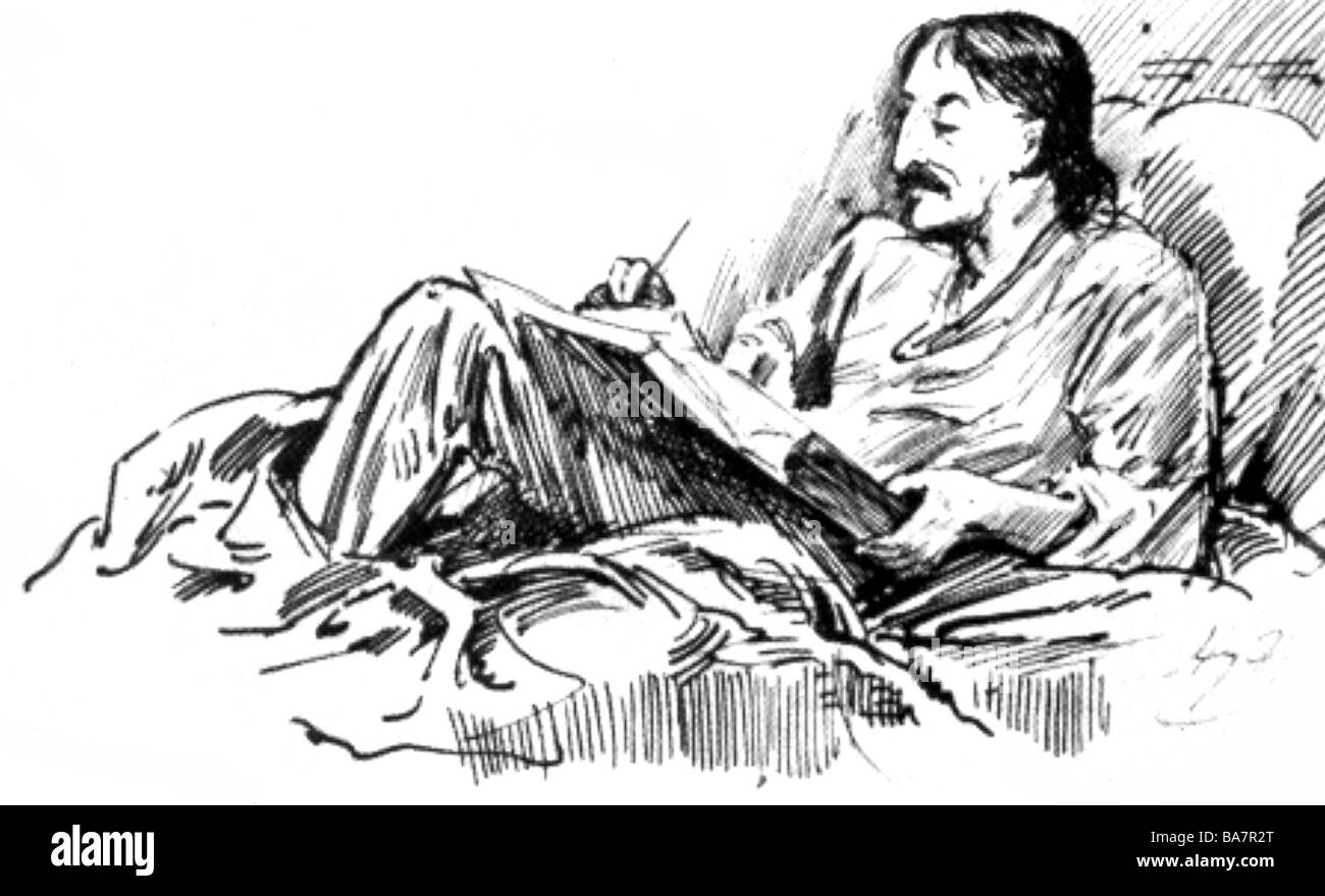 Stevenson, Robert Louis, 13.11.1850 - 3.12.1894, auteur/écrivain écossais, écrivant dans son lit, imprimé après dessin, demi-longueur, , Banque D'Images