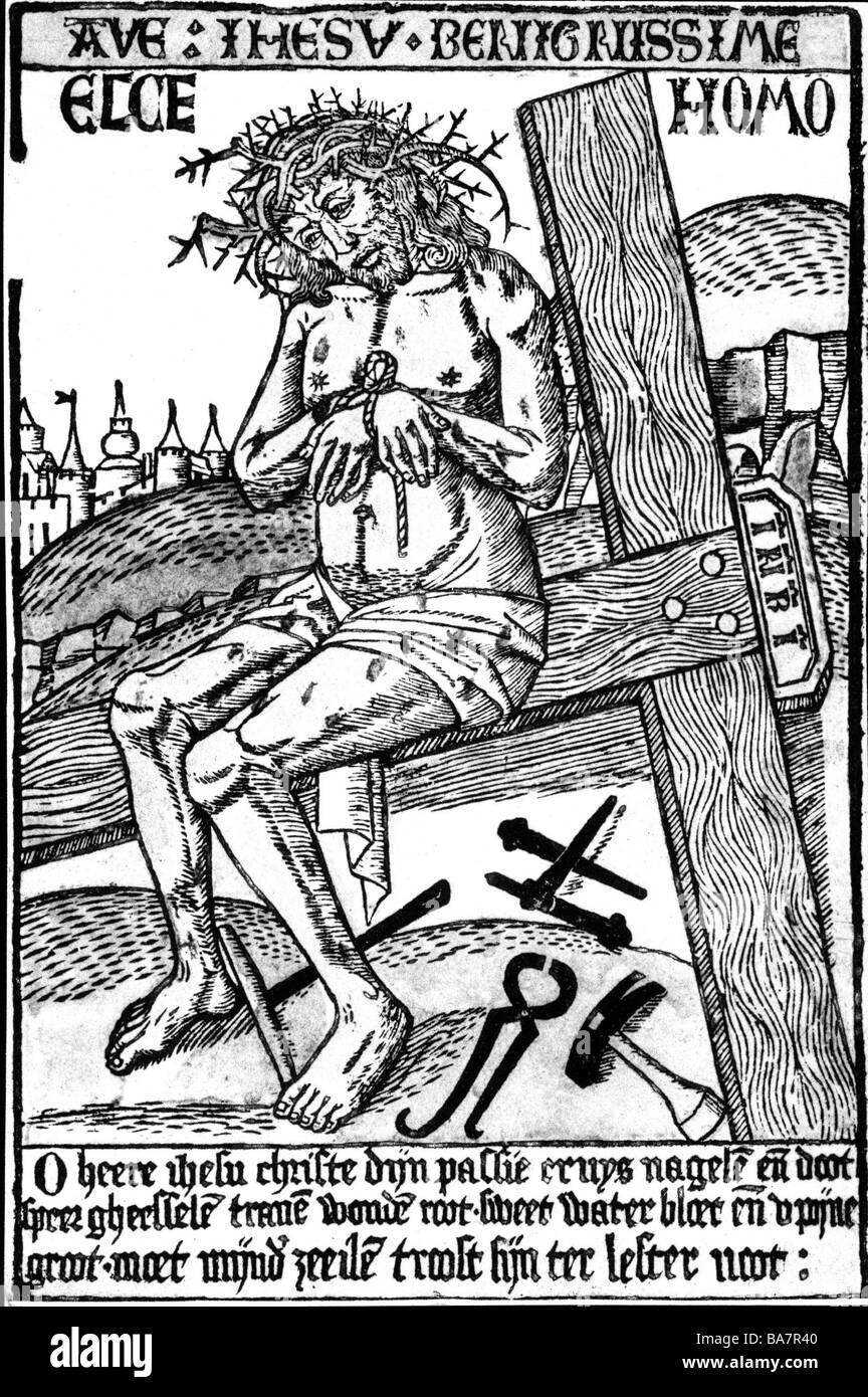 Jésus-Christ, vers 4 av. J.-C. - vers 33 av. J.-C., Homme de Sorrows, 'Ecce Homo', gravure sur bois, Pays-Bas, vers le XVe siècle, pleine longueur, Banque D'Images