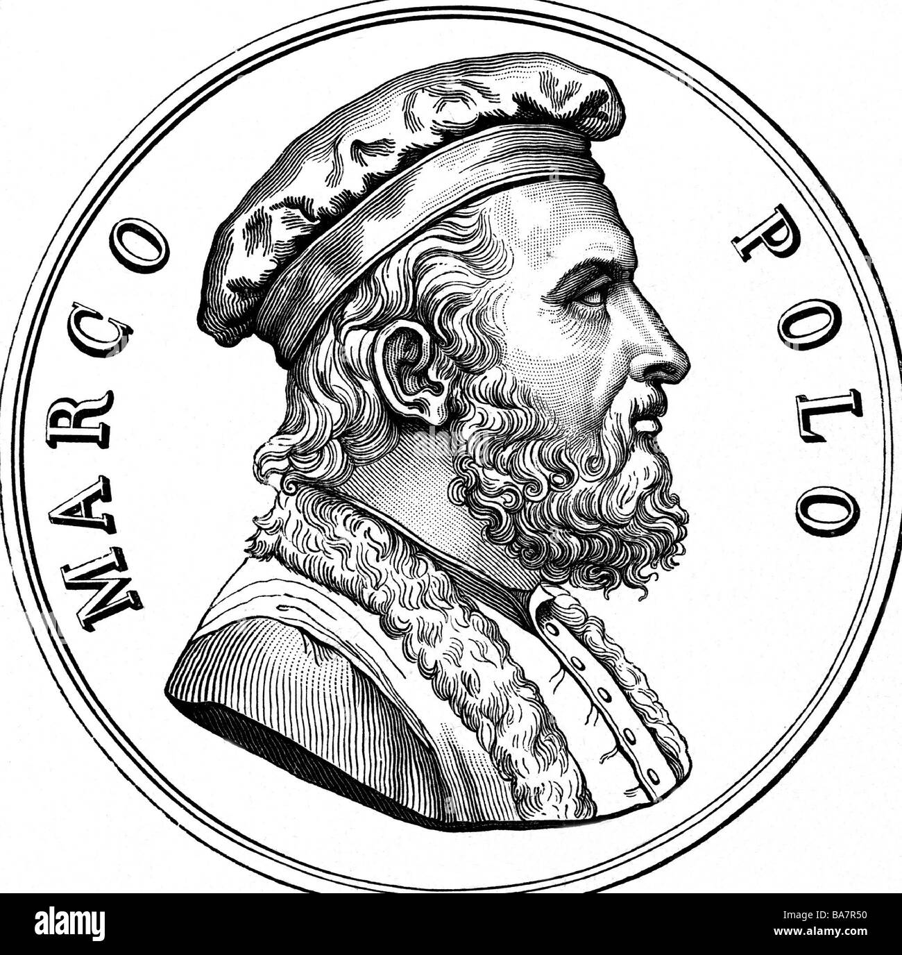Polo, Marco, 1254 - 8.1.1324, marchand et voyageur vénitien, portrait, profil dans ovale, gravure en bois après gravure par M. G. PENDY, Banque D'Images