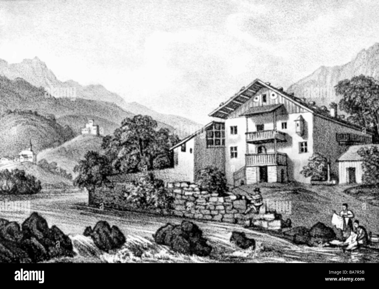 Géographie / voyages, Italie, Tyrol du Sud, Vallée du Passeier, Saint Leonhard, 'Sunwirt Inn, lieu de naissance d'Andras Hofer, vue extérieure, lithographie, 1835, , Banque D'Images