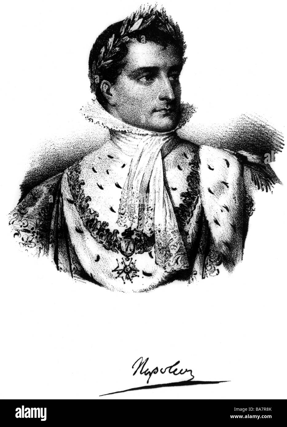 Napoléon I, 15.8.1769 - 5.5. 1821, Empereur des Français 2.12.1804 - 22.6.1815, gravure sur bois, XIXe siècle, portrait, en couronne de couronnement, lithographie de François Delpeche, vers 1805, Banque D'Images