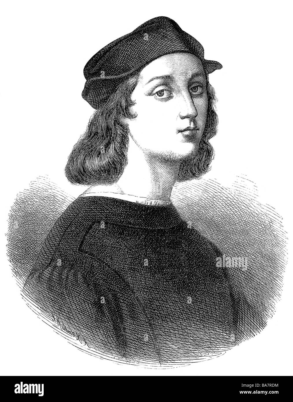 Raphaël, Sanzio da Urbino, 6.4.1483 - 6.4.1520, peintre italien, portrait, gravure de bois de F. Kuehne, après peinture, XIXe siècle, Banque D'Images