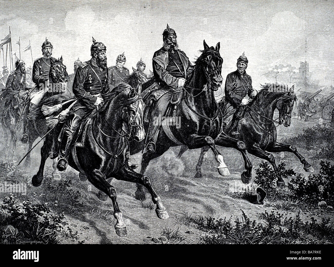 William I, 22.3.1797 - 9.3.1888, empereur allemand 18.1.1871 - 9.3.1888, roi de Prusse 2.1.1861 - 9.3.1888, avec le général Hellmuth von Moltke, prince héritier Frederick William, Otto von Bismarck, gravure sur bois, XIXe siècle, Banque D'Images