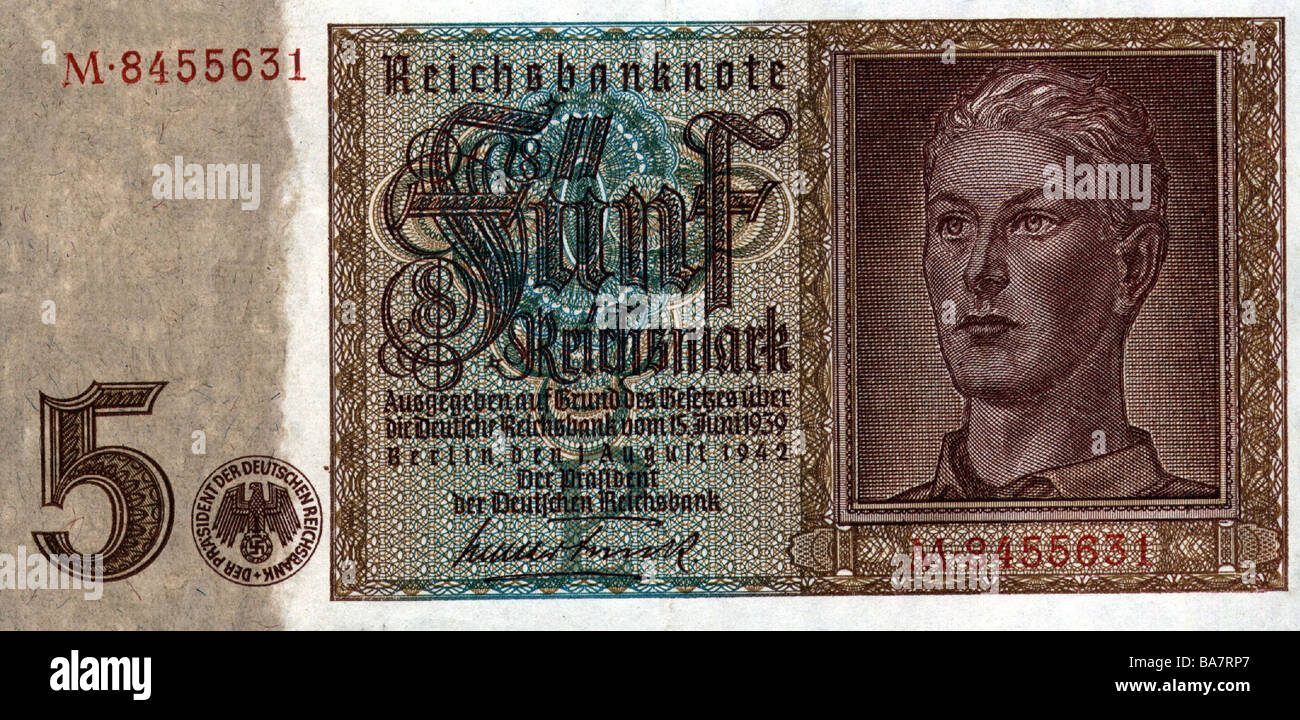 Argent / finance, billets de banque, Allemagne, 5 Reichsmark, Reichsbank, Berlin, 1.8.1942, Banque D'Images