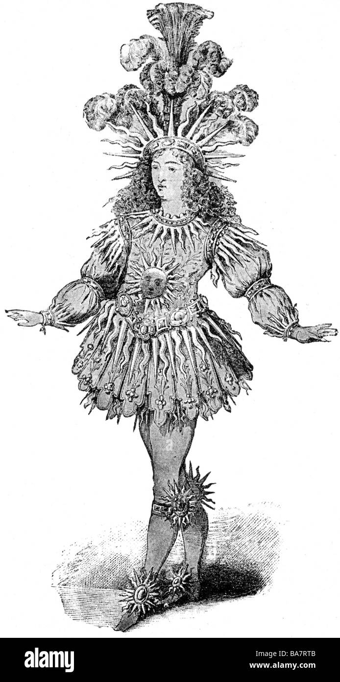 Louis XIV, 5.9.1638 - 1.9.1715, roi de France 1643 - 1715, pleine longueur, comme 'Roi soleil', dans le Ballett de Nuit 1653, dessin contemporain, Banque D'Images
