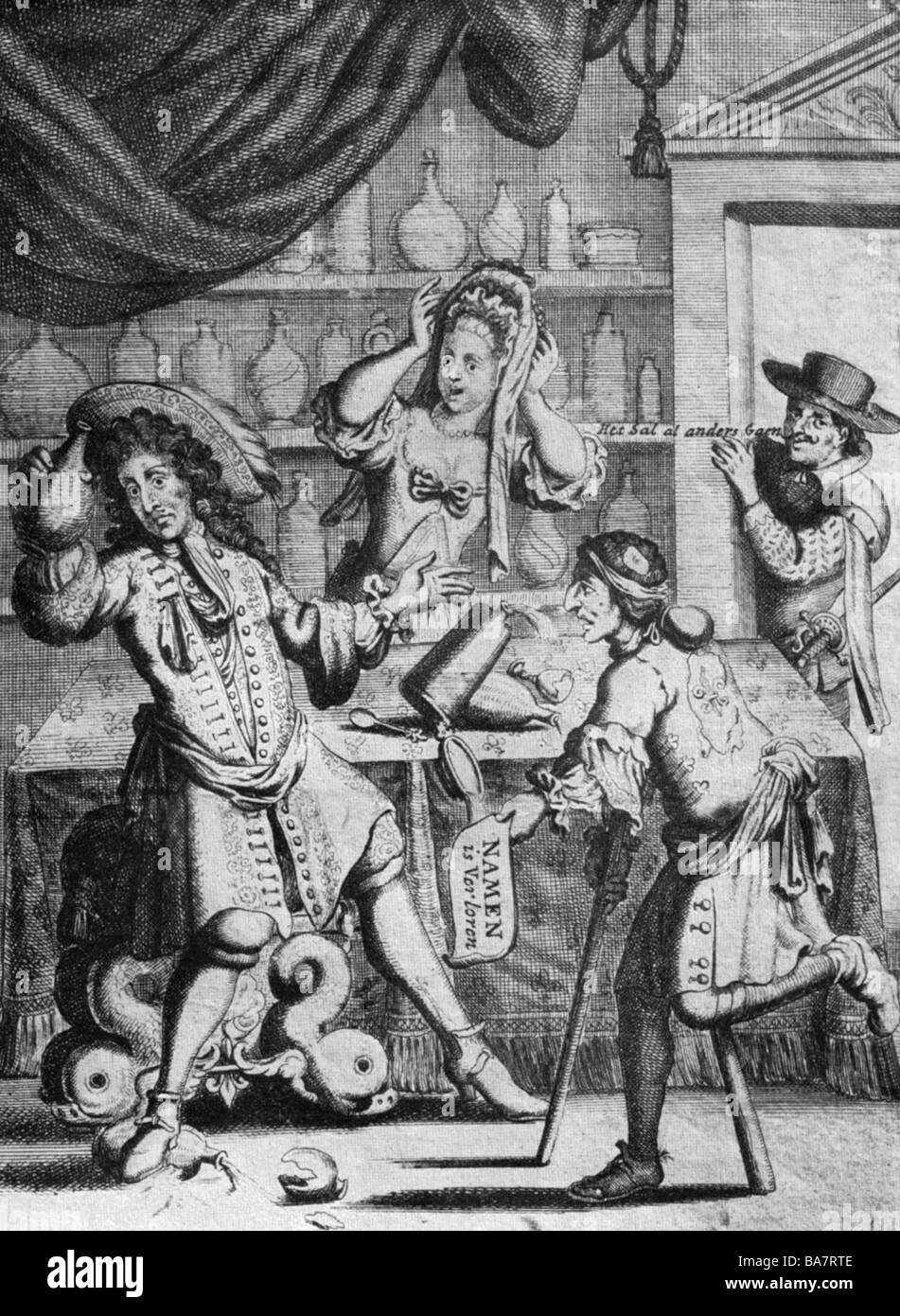 Louis XIV, 5.9.1638 - 1.9.1715, roi de France 1643 - 1715, pleine longueur, caricature "Louis le Gram", sonnet néerlandais sur la perte de Namur, 1695, Banque D'Images