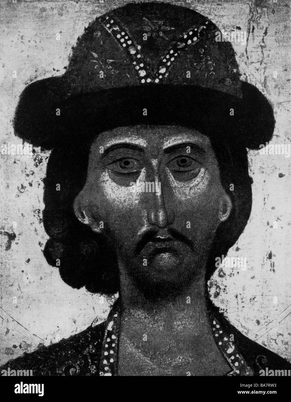 Boris, + 24.6.1015, saint russe, fils de Vladimir le Grand, portrait, miniature russe, détail, vers le XIVe siècle, Banque D'Images