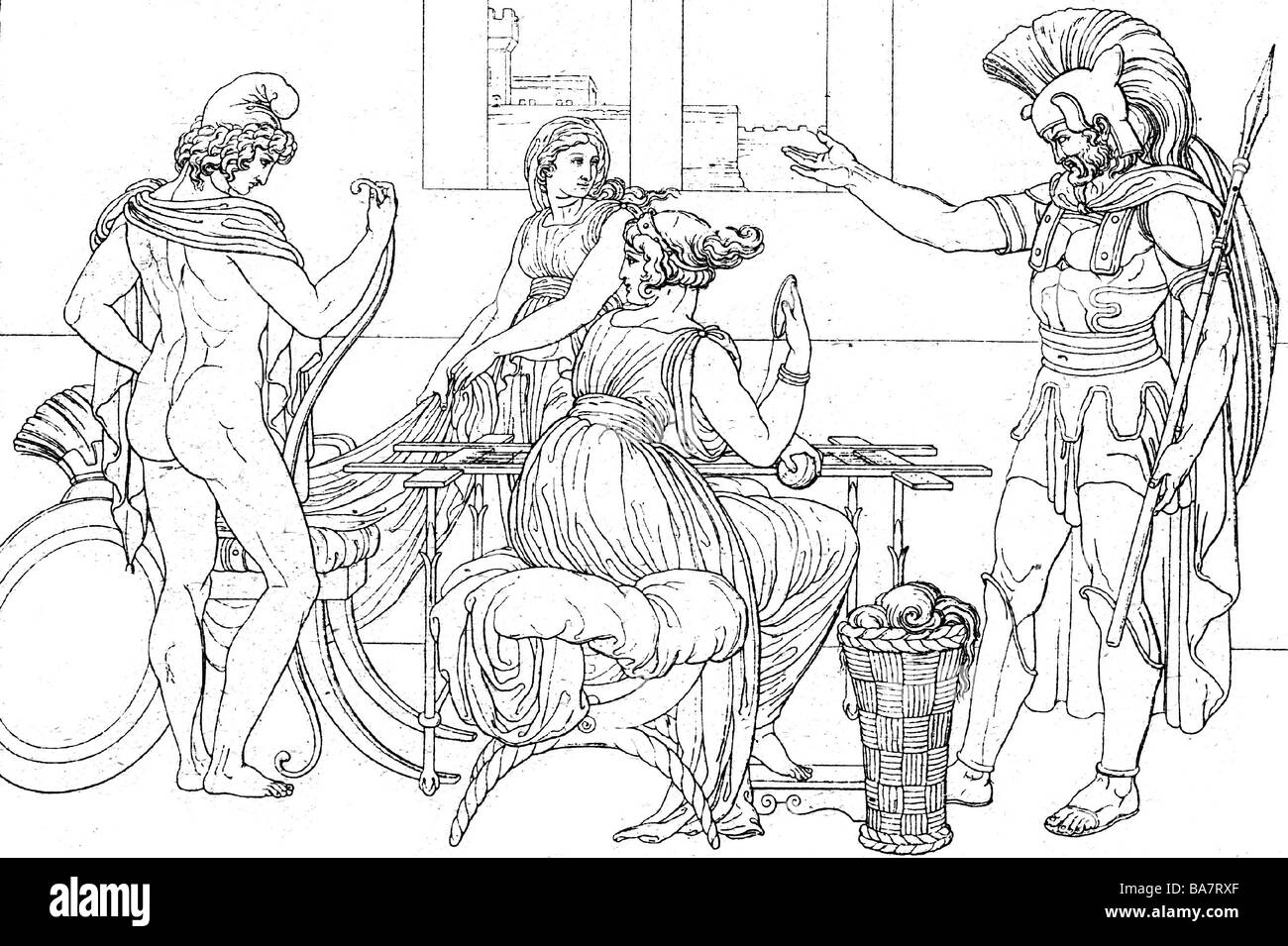 Hector, légende grecque, demi-longueur, avec son frère Paris et Helena, appelant à la bataille, dessin de Bonaventura Genelli, Banque D'Images