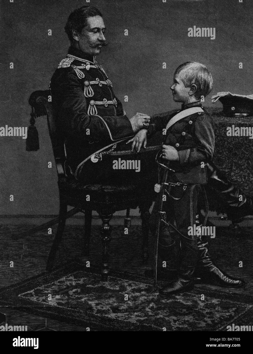 William II, 27.1.1859 - 4.6.1941, Empereur allemand 15.6.1888 - 9.11.1918, avec son fils le prince Frederick William, gravure en bois, 'Gartenlaube', 1887, , Banque D'Images