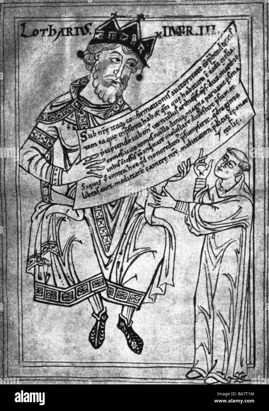 Lothaire III, 1075 - 4.12. 1137, Empereur Romain Saint 4.6. 1133 - 4.12.1137, présentant un document à friar de Frombach, 1136, miniature, XIIe siècle, , Banque D'Images