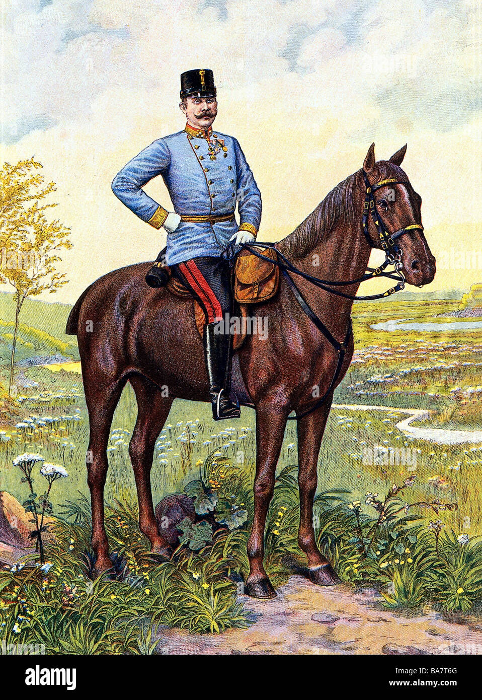 Francis Ferdinand, 18.12.1863 - 28.6.1914, Archduke, héritier apparent de l'Autriche-Hongrie 30.1.1889 - 28.6.1914, pleine longueur, à cheval, portant l'uniforme d'un k.u.k. général de la cavalerie, gravure de couleur, vers 1910, Banque D'Images