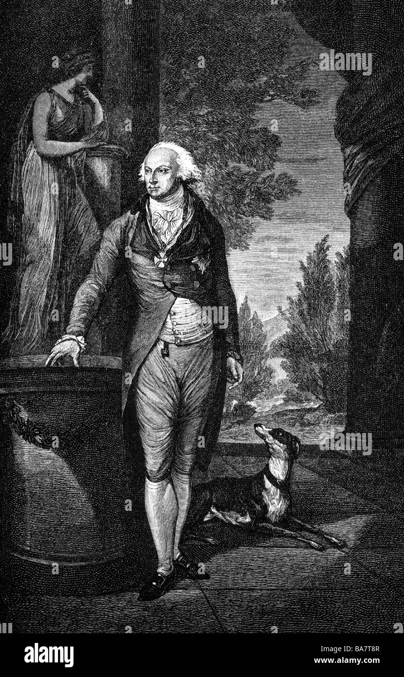 Hardenberg, Karl August, 31.5.1750 - 26.11.1822, homme politique prussien, pleine longueur, avec chien, après gravure sur cuivre par H. Gintzenich, peinture de Weitsch, , n'a pas d'auteur de l'artiste pour être effacé Banque D'Images
