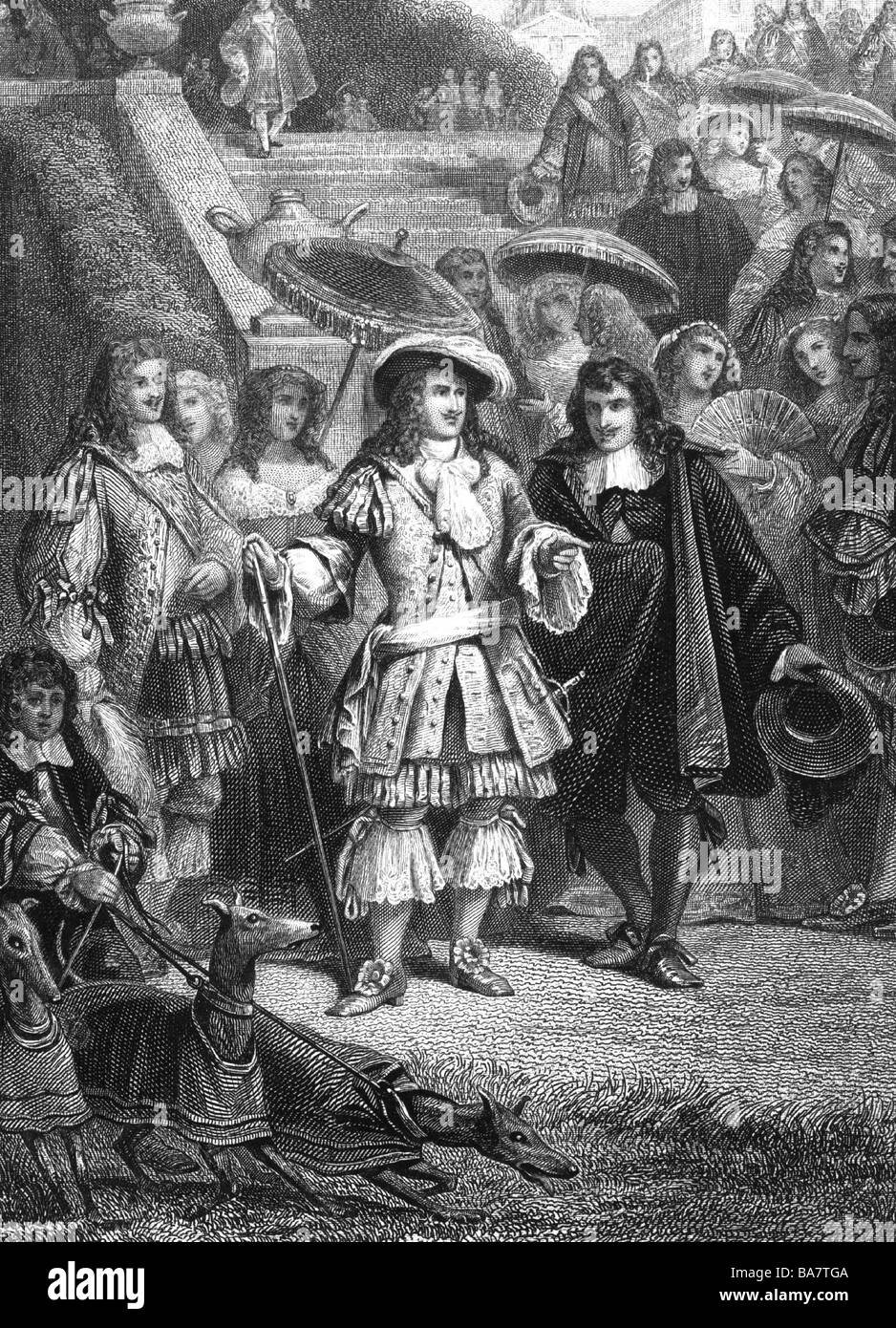 Louis XIV, 5.9.1638 - 1.9.1715, Roi de France 1643 - 1715, pleine longueur, avec sa suite royale, gravure anonyme, 19e siècle, l'artiste n'a pas d'auteur pour être effacé Banque D'Images