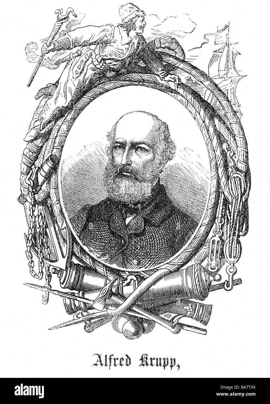 Krupp, Alfred, 11.4.1812 - 14 7.1887, industriel allemand, portrait avec bordure allégorique, gravure sur bois, vers 1880, Banque D'Images