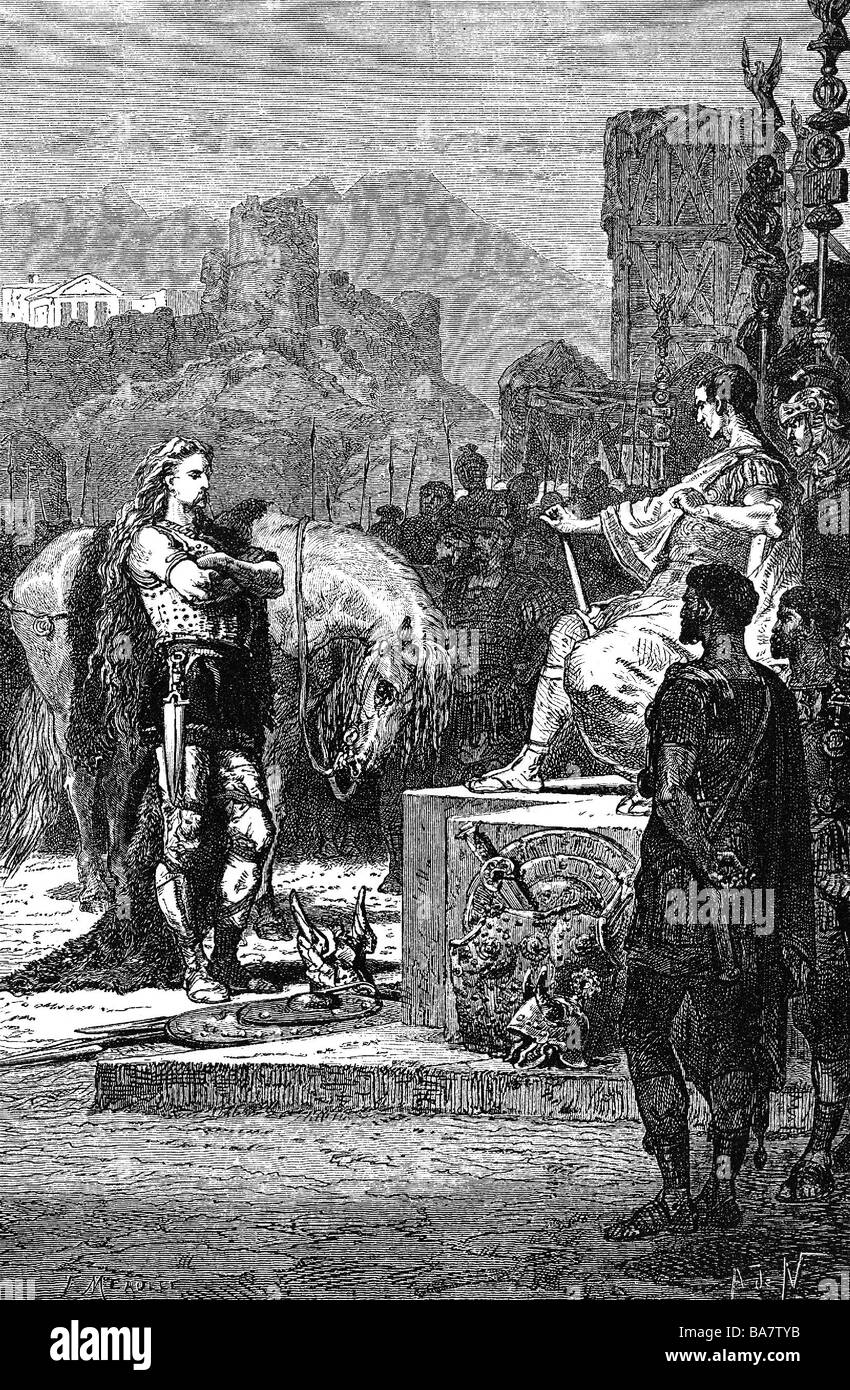 Vercingetorix, vers 82 - 46 av. J.-C., chefferie gauloise, surrendant avant Julius César, Alésia, 52 av. J.-C., gravure sur bois, XIXe siècle, , Banque D'Images