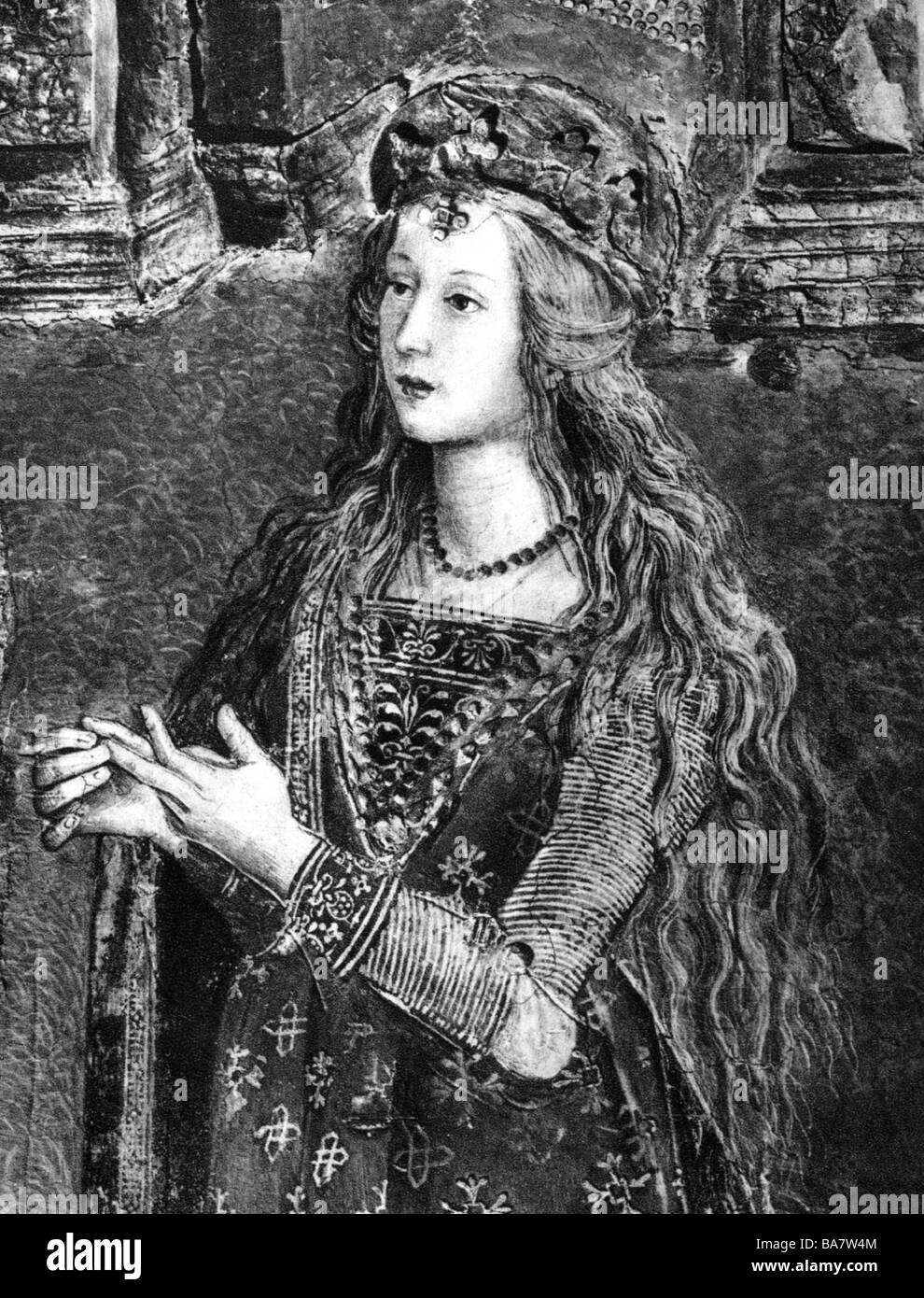 Borgia, Lucrezia, 18.4.1480 - 24.6.1519, fille du pape Alexandre VI, demi-longueur, détail de fresque par Pinturicchio, Vatican, Rome, , Banque D'Images