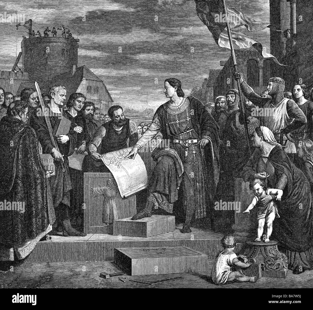 Henry XII 'le Lion', 1129 - 6.8.1195, duc de Bavière 1156 - 1180 et Saxe 1142 - 1180, pleine longueur, fondation de Munich 1158, gravure en bois après peinture par Friedrich Gunkel au Musée national de Bavière, XIXe siècle, Banque D'Images