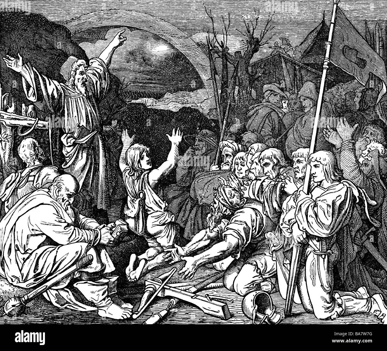 Muentzer, Thomas, vers 1490 - 27,5.1525, le clergé allemand, montrant à ses disciples un signe du ciel avant la bataille de Frankenhausen, 15.5.1525, Banque D'Images