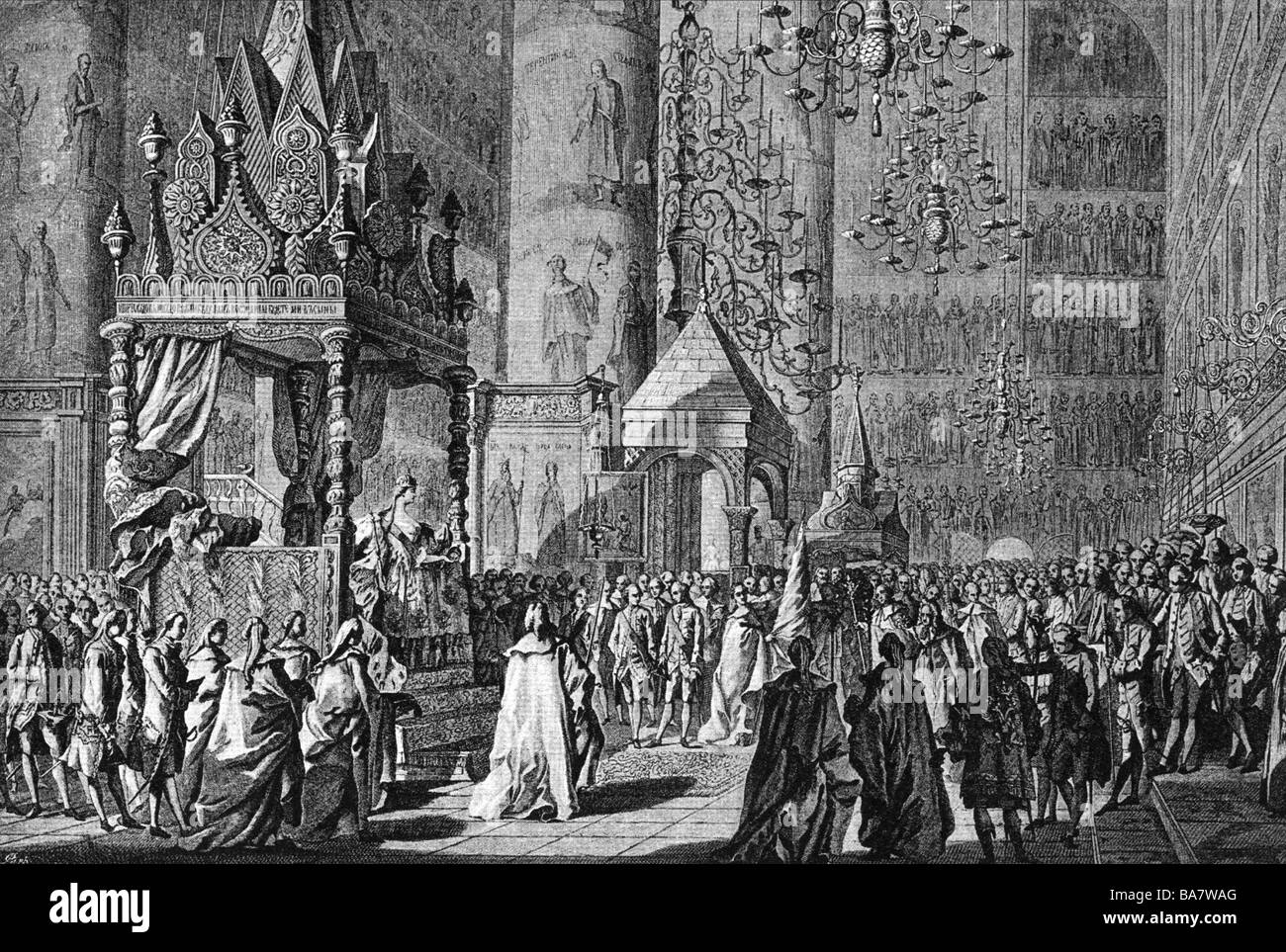 Catherine II les 'grandes', 2.5.1729 - 17.11.1796, l'impératrice de Russie 1762 - 1796, couronnement dans la cathédrale de la Dormition, Kremlin, Moscou, gravure sur cuivre par Aleksey Kulpashnikov, après Jean de ventre, n'a pas d'auteur de l'artiste pour être effacé Banque D'Images