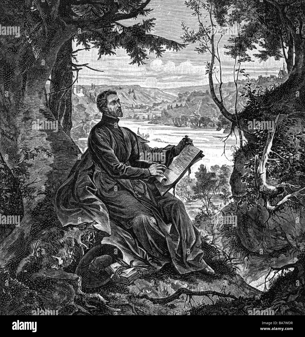 Bode, Jakob, 3.1.1604 - 9.8.1668, auteur / écrivain allemand (poète et latiniste), pleine longueur, gravure de bois après Fresco peinture par Andreas Müller, "Le célèbre Latiniste Balde écrit son ode sur Max I. en forêt près de Grosschesseloh 1641", Jacob, , Banque D'Images
