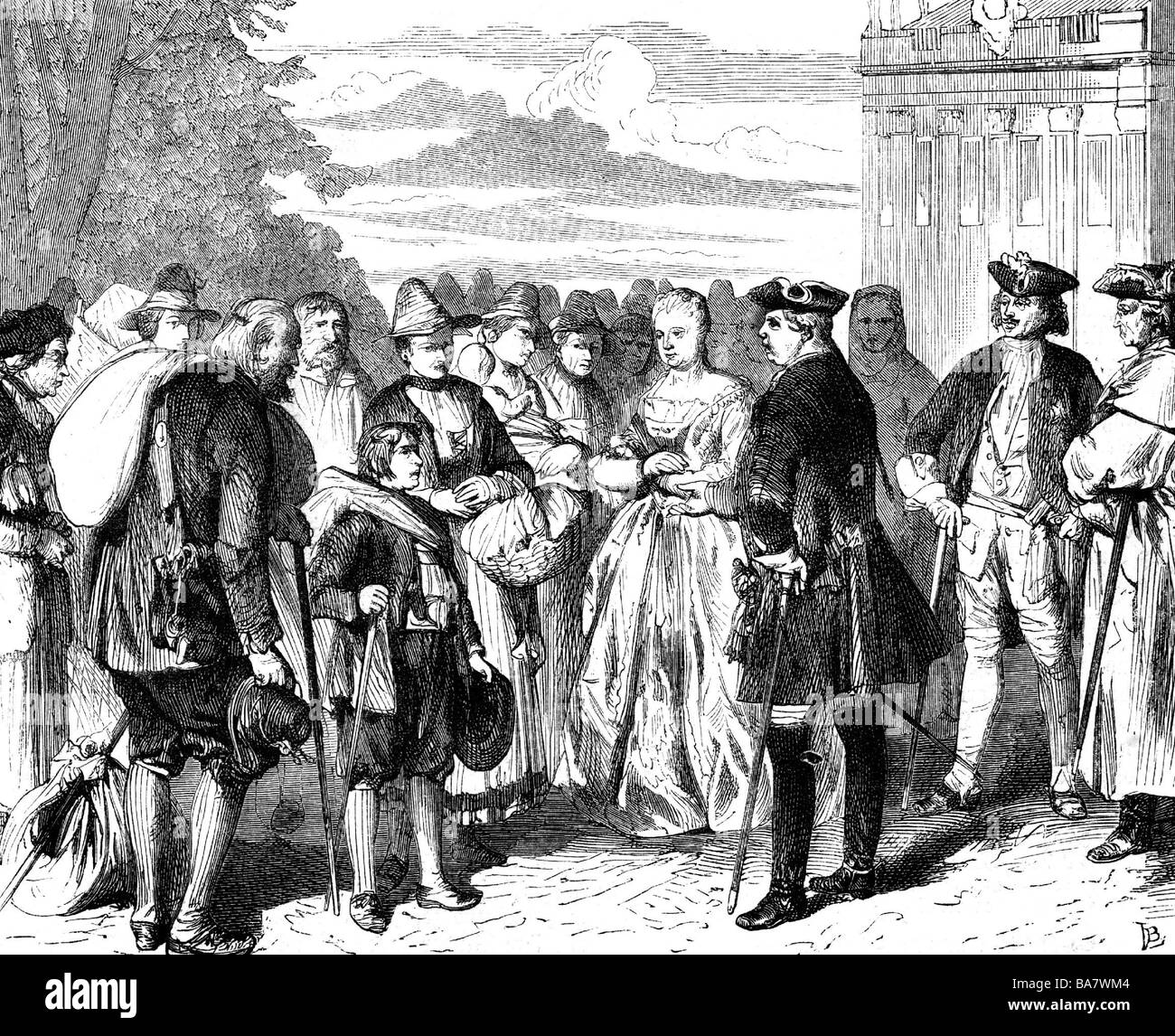 Frederick William I, 14.8.1688 - 31.5.1740, roi en Prusse 25.2.1713 - 31.5.1740, longueur complète, accueillant des immigrants de Salzbourg à Potsdam, 1732, gravure en bois, XIXe siècle, Banque D'Images