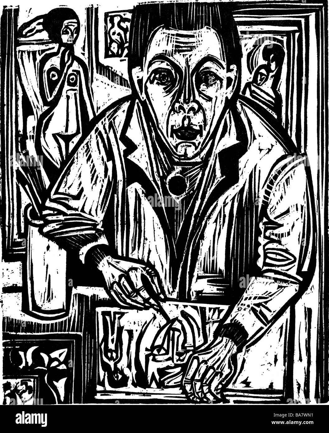Kirchner, Ernst Ludwig , 6.5.1880 - 15.6.1938, peintre allemand, graveur, ouvrages, autoportrait, dessin, coupe du bois, 1921, Banque D'Images