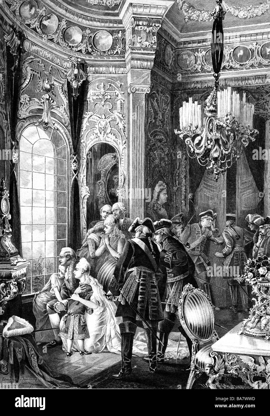 Louis XVI, 23.8.1754 - 21.1.1793, roi de France 10.5.1774 - 21.9.1792, avec sa famille le matin du 6.10.1789 à Versailles, gravure en bois après Edmund Bruening, 1899, , Banque D'Images