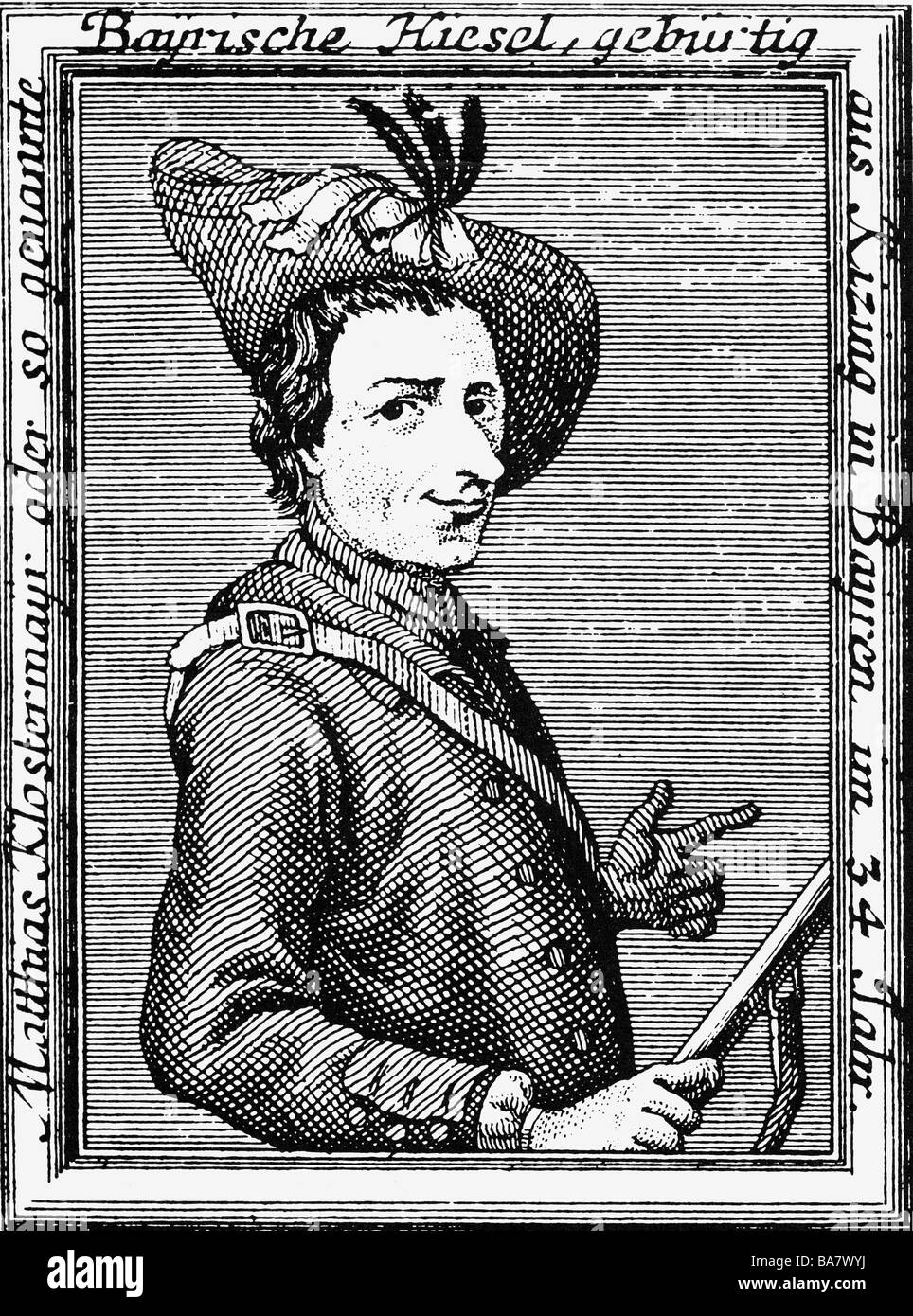 Matthias Klostermayr, 3.9.1738 - 6.9.1771, connu sous le nom de 'Bavarian Hiasl', hors-la-loi allemande, demi-longueur, gravure, Banque D'Images