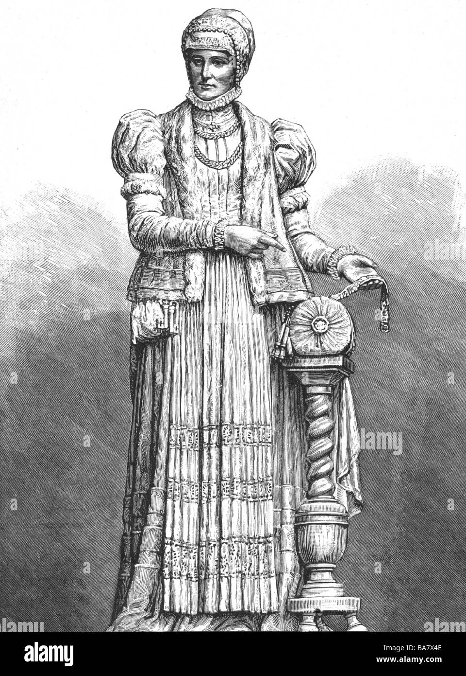 Uttmann, Barbara, 1514 - 15.10.1575, inventeur allemand de la fabrication de dentelle à la bobine, pleine longueur, gravure en bois par A. Closs, XVIIIe siècle, image du monument à Annaberg, Banque D'Images