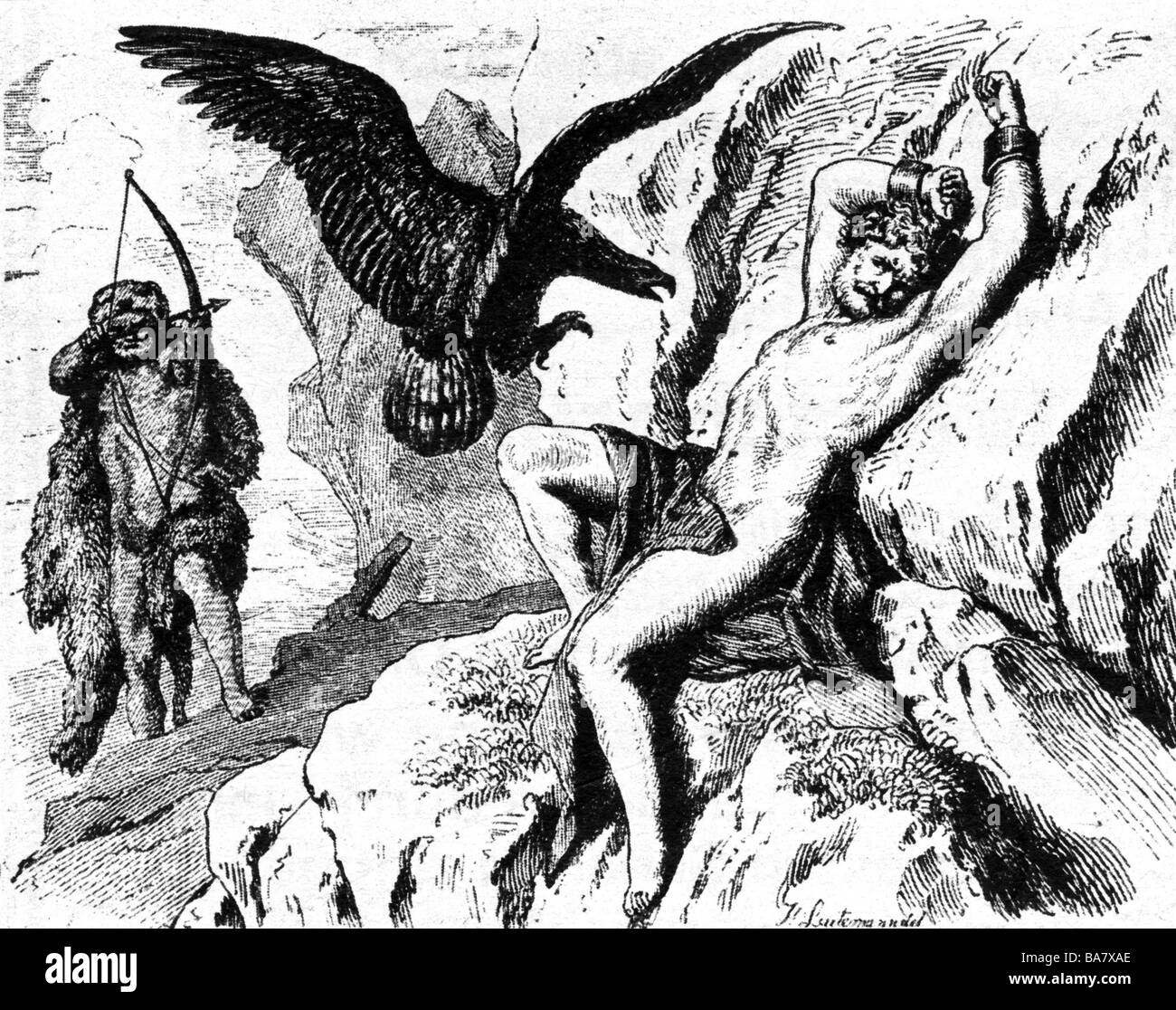 Heracles, divinité grecque et héros divin, pleine longueur, tuer aigle, dessin de Leutemann, XIXe siècle, Banque D'Images