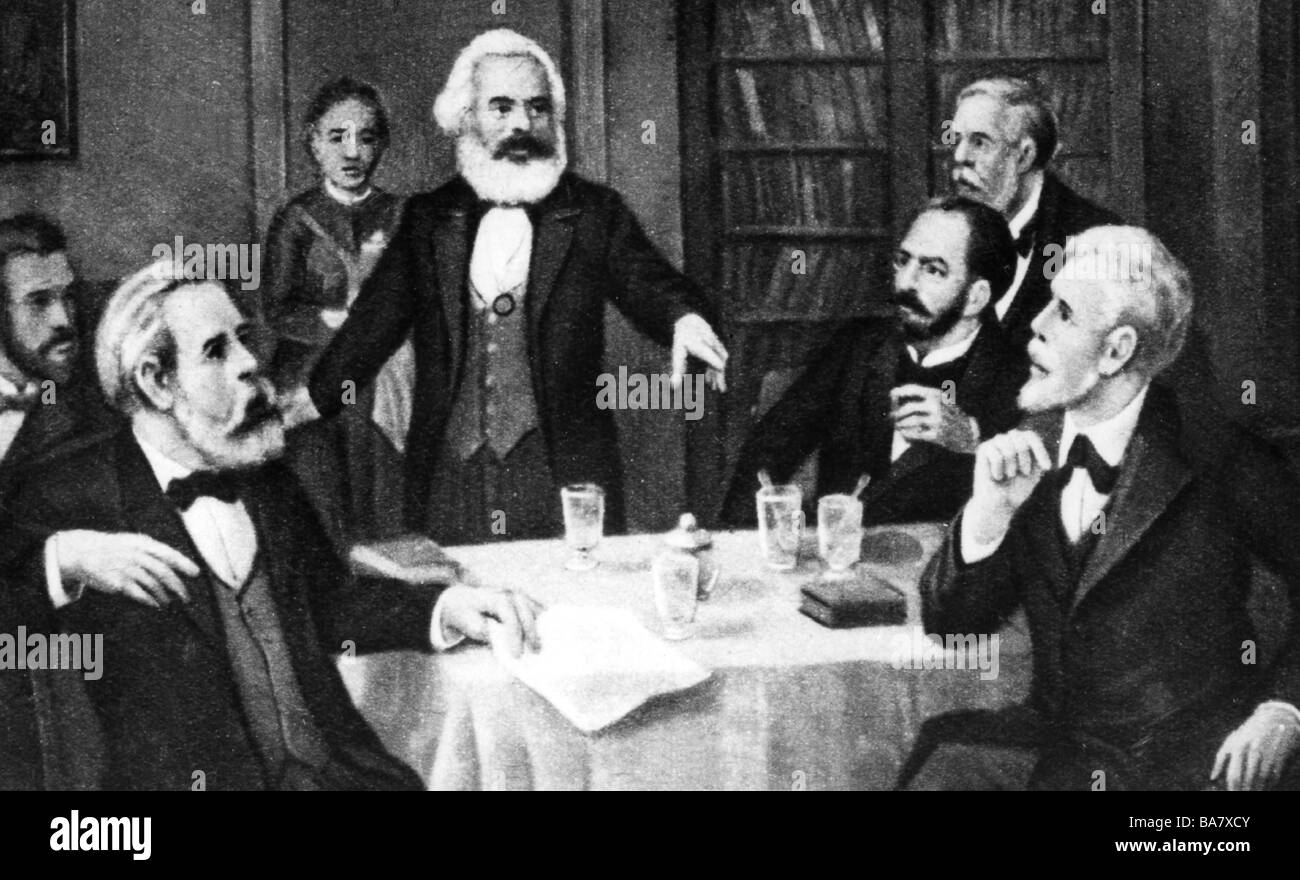 Marx, Karl, 5.5.1818 - 14.3.1883, philosophe et journaliste allemand, demi-longueur, avec Friedrich Engels, August Bebel et Wilhelm Liebknecht, après la peinture de Mocznay, Banque D'Images