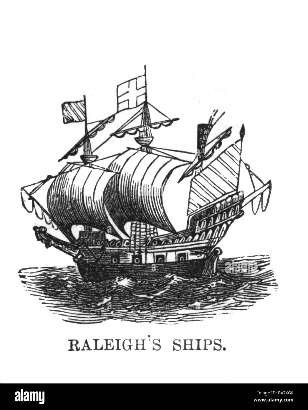 Raleigh, Walter, 1552 - 29. 10.1618, navigateur anglais et auteur/écrivain, son navire, image historique, gravure en bois, XIXe siècle, Banque D'Images