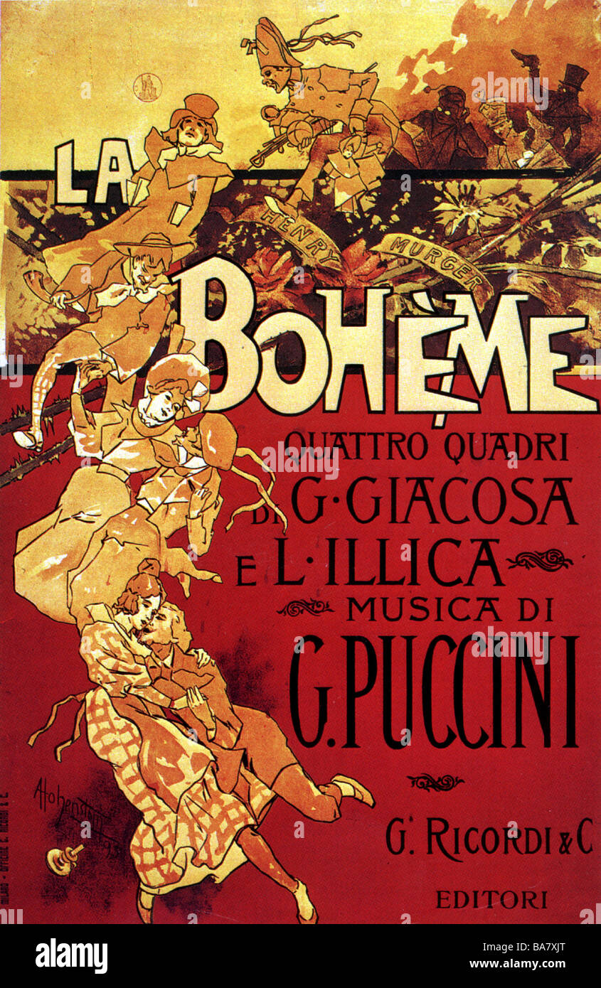 Puccini, Giacomo, 22.12.1858 - 29.11.1924, musicien italien (compositeur d'opéra), affiche à l'opéra 'la Bohème', première mondiale en 1896, Banque D'Images