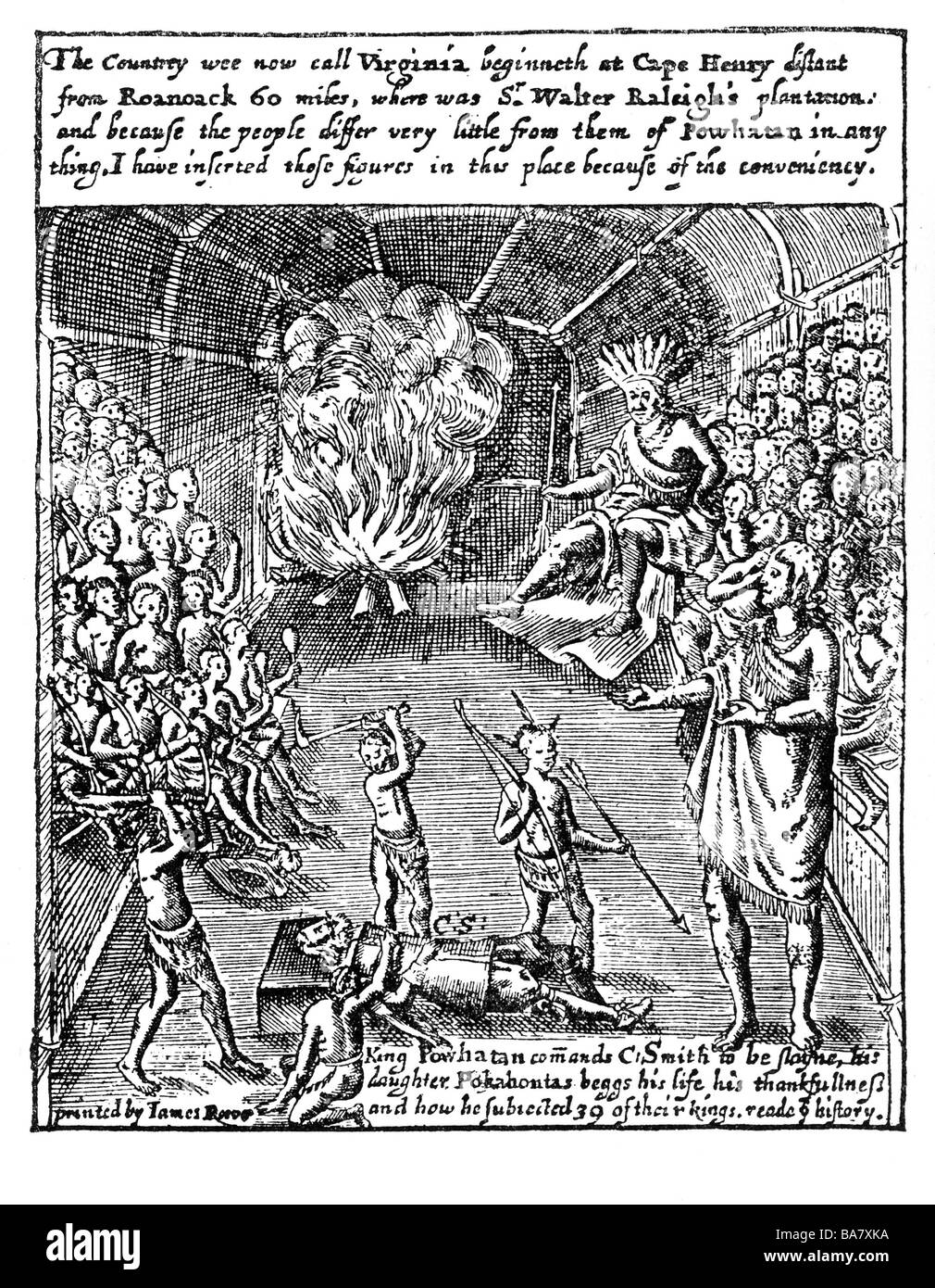 (Pocahontas Matoaka), vers 1595 - 21.3.1617, Native American, pleine longueur, sauvetage John Smith avant de graver par sa tribu, gravure sur cuivre, 17e siècle, l'artiste n'a pas d'auteur pour être effacé Banque D'Images