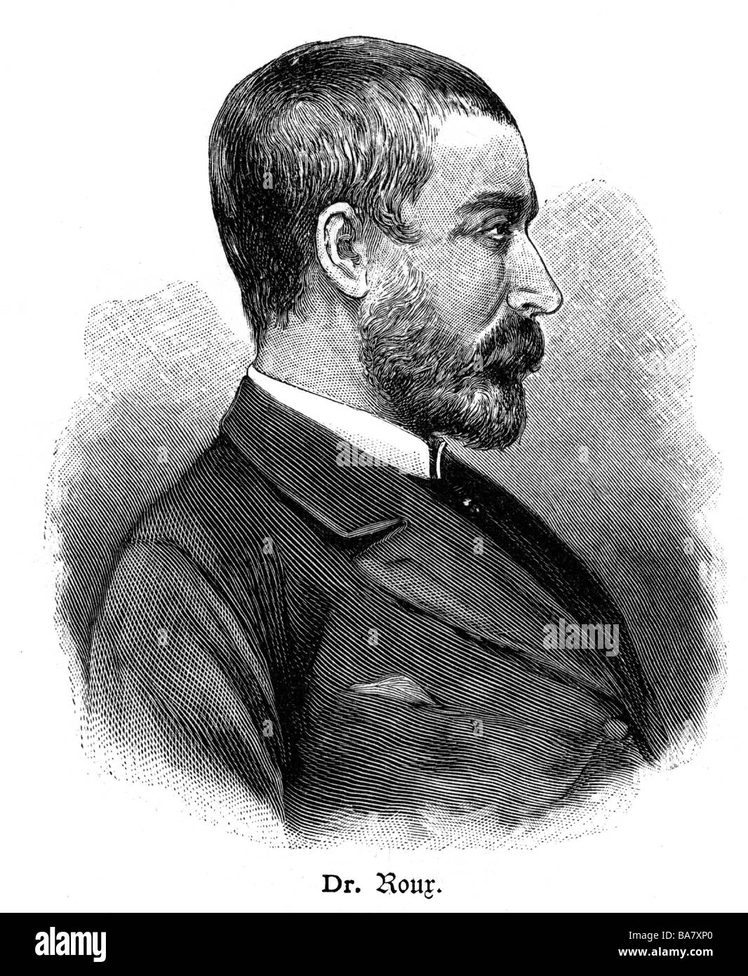 Roux, Pierre Paul Emile, 17.12.1853 - 3.11.1933, bactériologiste français, portrait, face latérale, gravure en bois Banque D'Images