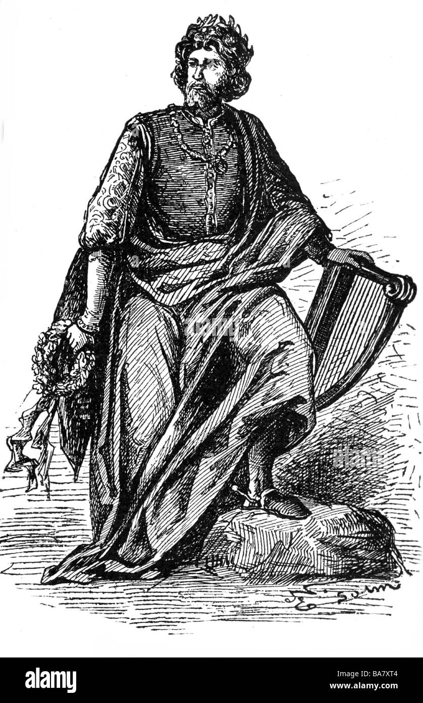 Wolfram von Eschenbach, vers 1175 - vers 1220, chevalier allemand, minnesinger, pleine longueur avec couronne de harpe et de laurier, gravure, XIXe siècle, Banque D'Images