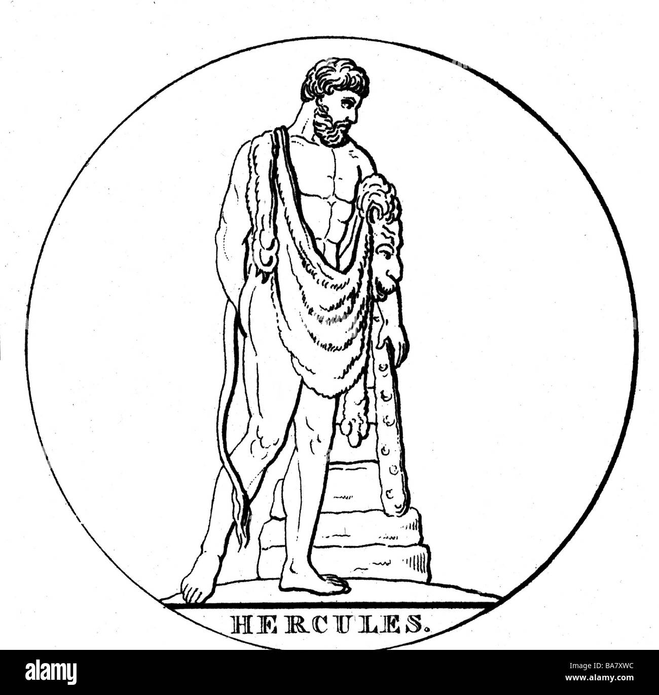 Heracles, divinité grecque et héro divin, pleine longueur, statue, gravure en bois, Banque D'Images