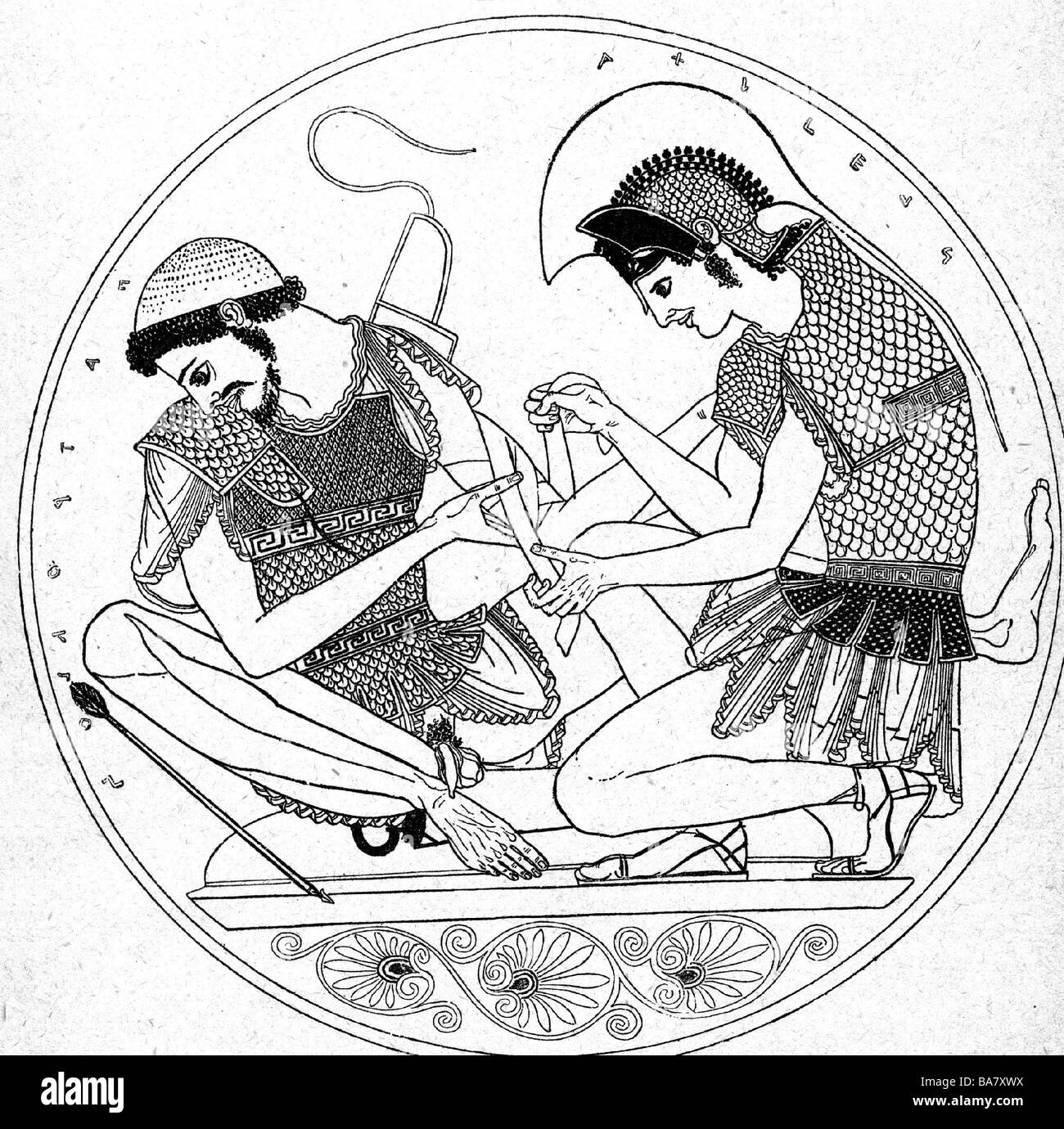 Achilles, héros grec, demi-longueur, habiller les blessures de Patroklos, gravure en bois, vers le 19ème siècle, après bol ancien, Banque D'Images