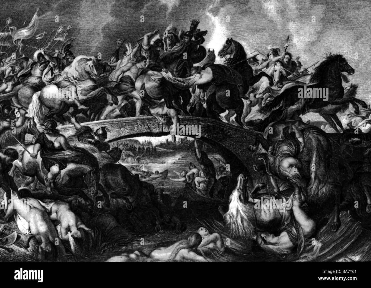 Amazones, figurines mythologiques grecques, bataille d'Amazone, gravure de bois, XIXe siècle, après la peinture de Peter Paul Rubens, Banque D'Images